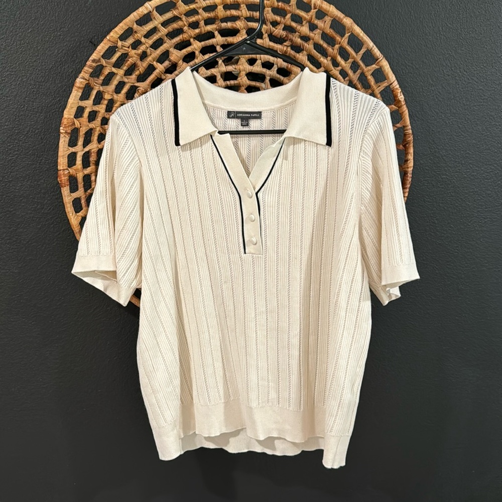 Adrianna Papell knitwear short sleeve sweater large white black vintage inspired